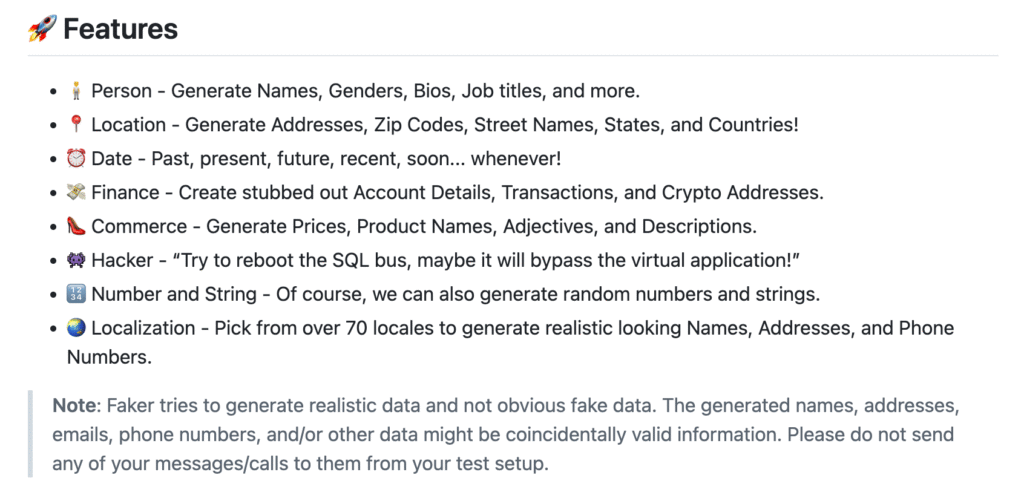 Screenshot from Faker GitHub repository that show data type that user can use