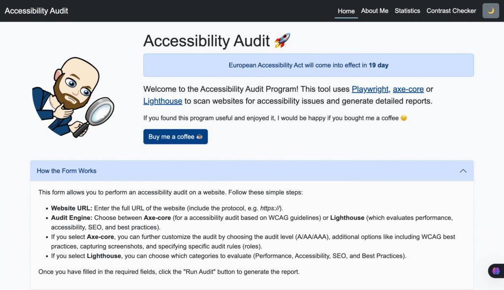 Screenshot of the Accessibility Audit Tool main page showing options to run audits using Playwright, axe-core, or Lighthouse.