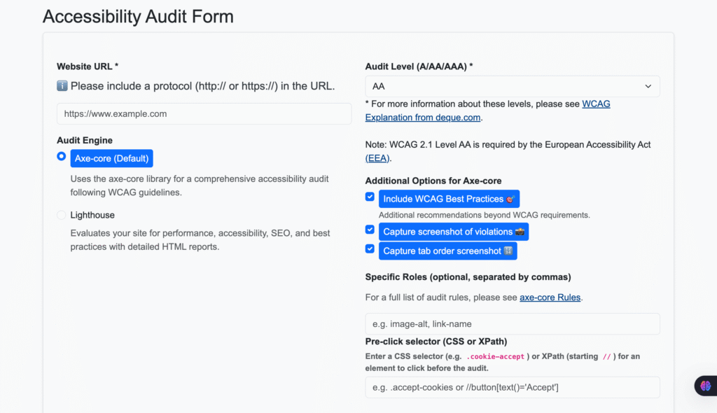 Screenshot of the Accessibility Audit Form showing URL input, audit engine selection (Axe-core or Lighthouse), WCAG level options, and additional Axe-core configurations such as best practices, screenshots, tab order capture, specific rules, and pre-click selector.
