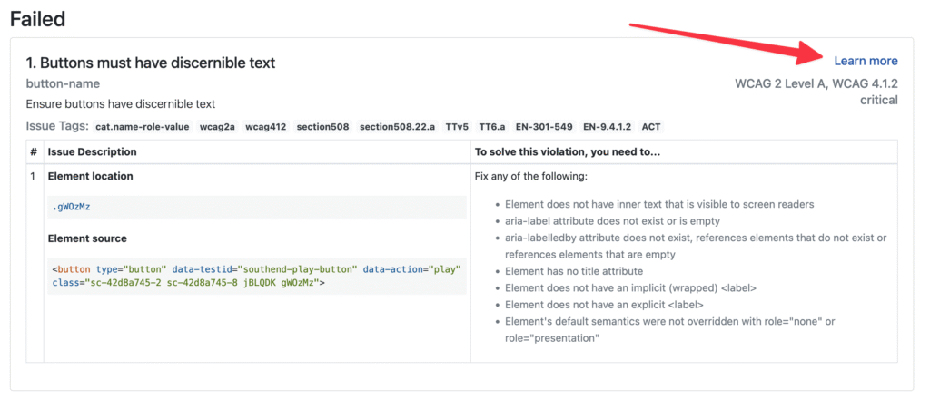 Example of an individual Axe-core violation report