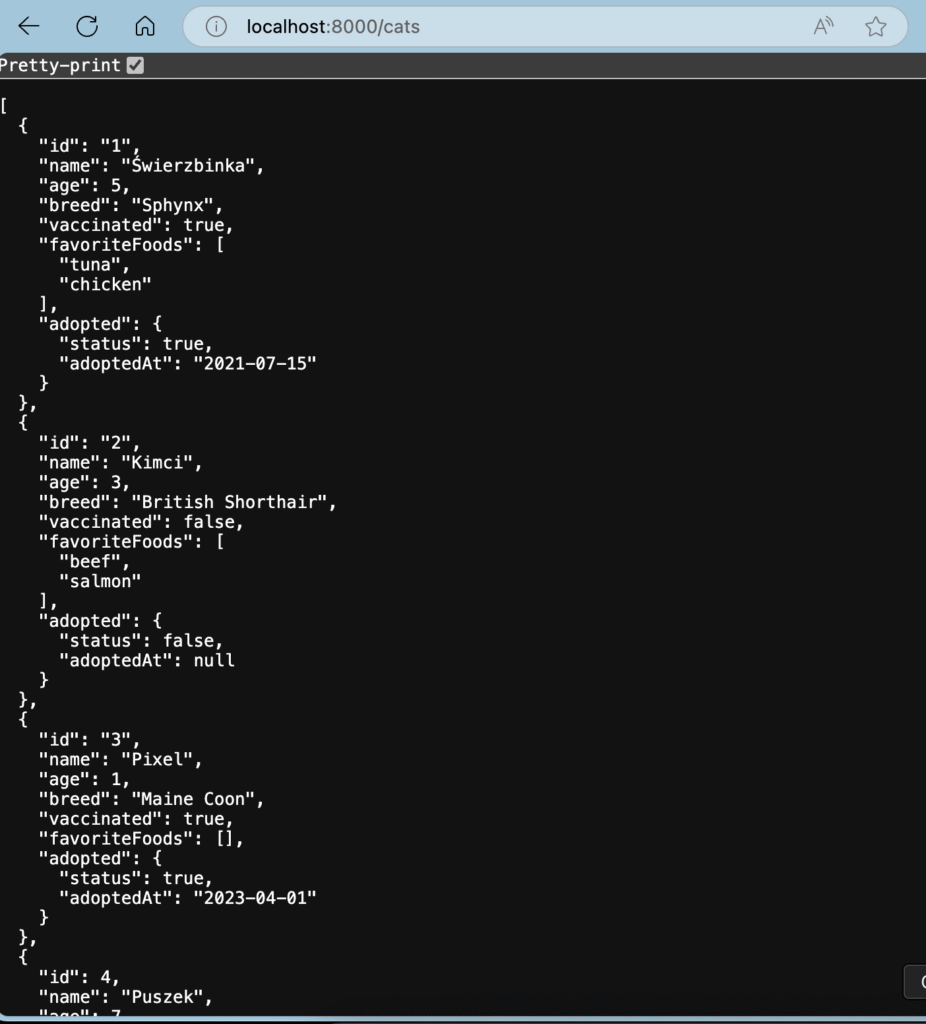 A JSON response displayed in a browser showing a list of four cats with their details, including name, age, breed, vaccination status, favorite foods, and adoption status.