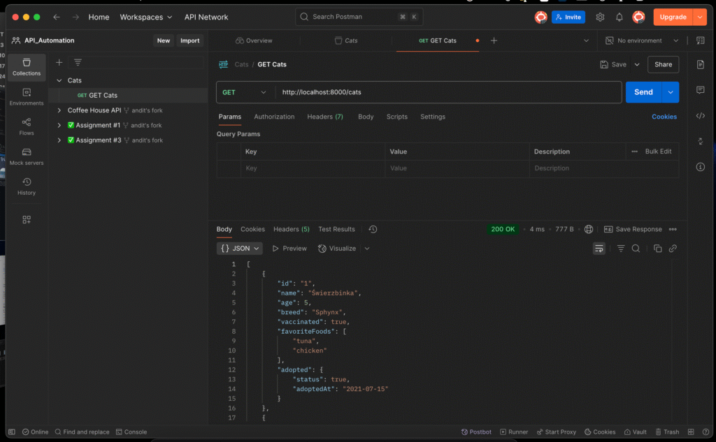 Screenshot of Postman displaying a GET request for cats, showing the API endpoint, request parameters, and a successful 200 OK response with a JSON array of cat objects.