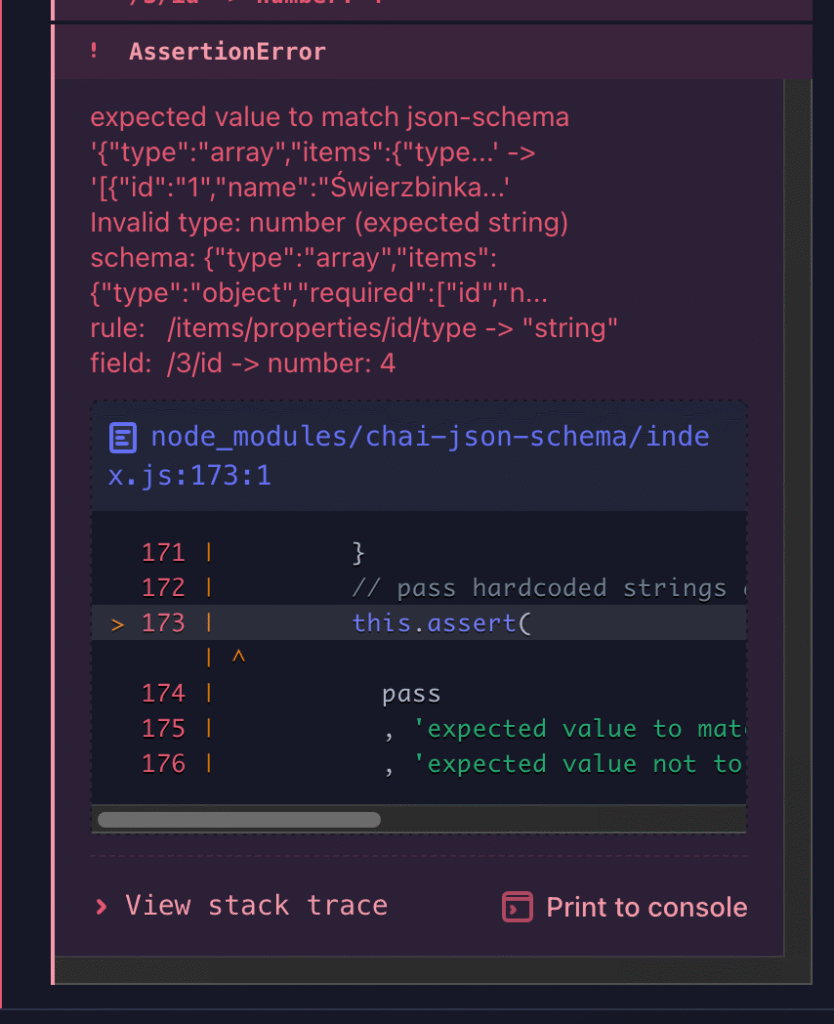 Screenshot of an AssertionError message in a testing environment, indicating a mismatch in JSON schema validation.