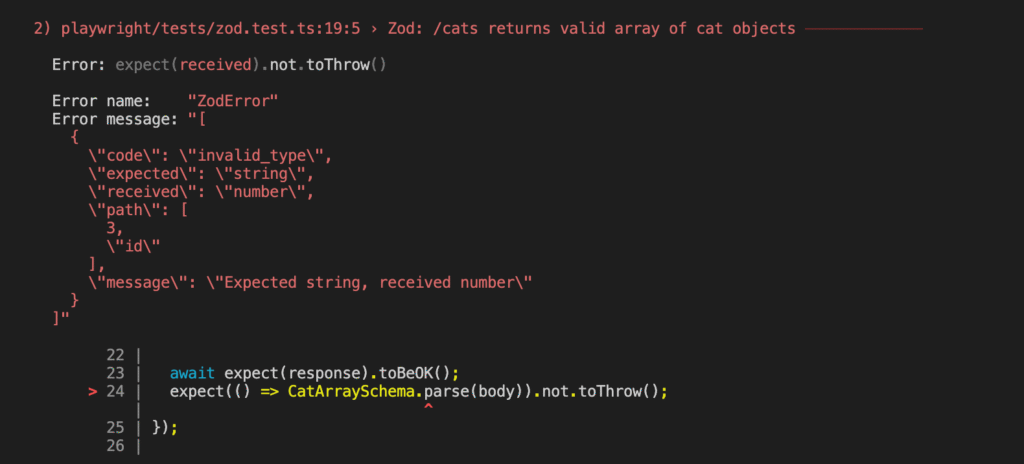 A screenshot showing an error message from a Playwright test indicating a Zod validation failure due to an expected string type but receiving a number instead.