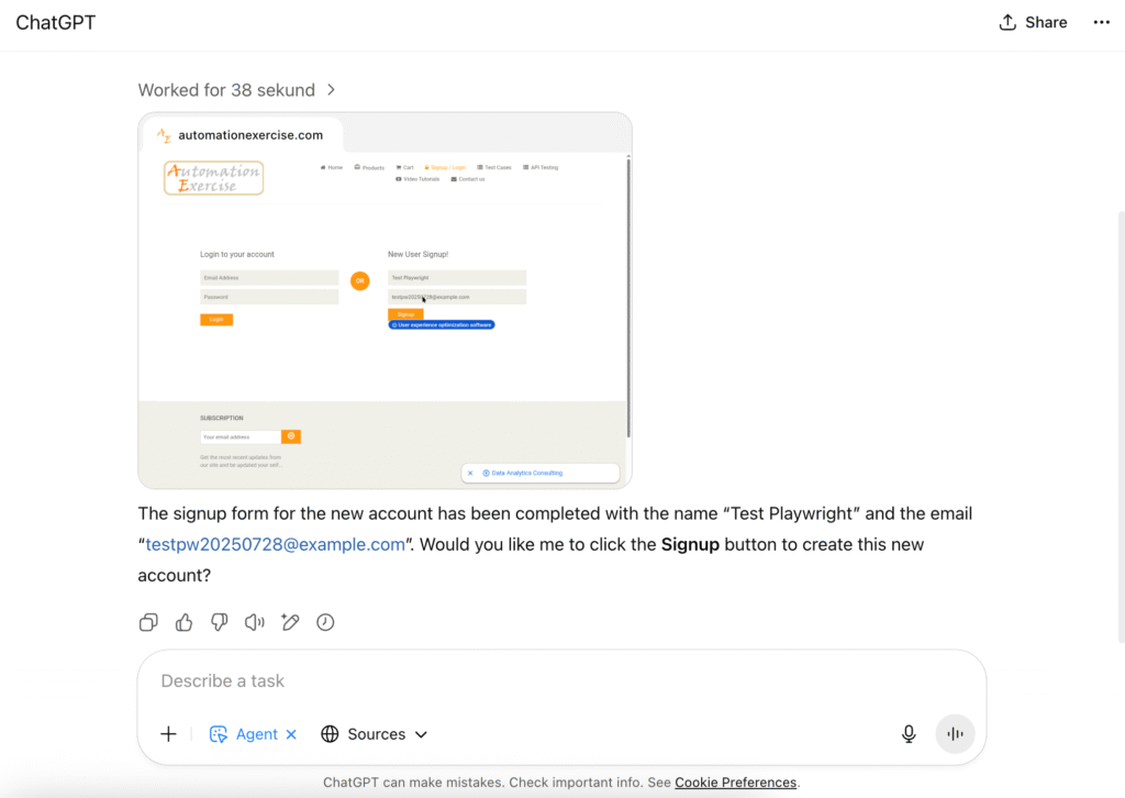 Screenshot showing the signup form on Automation Exercise with filled fields for new user registration