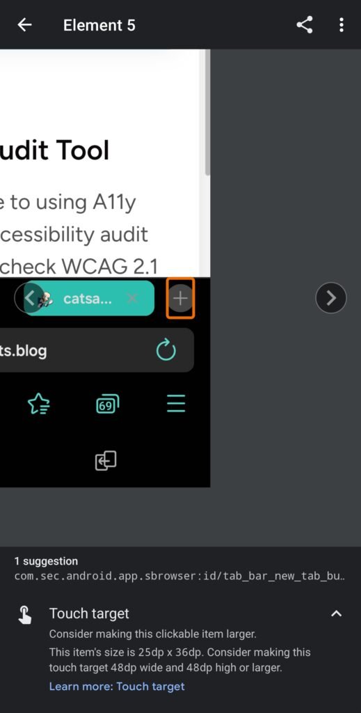 Screenshot of the Accessibility Scanner app highlighting a recommendation to enlarge a touch target for better usability.